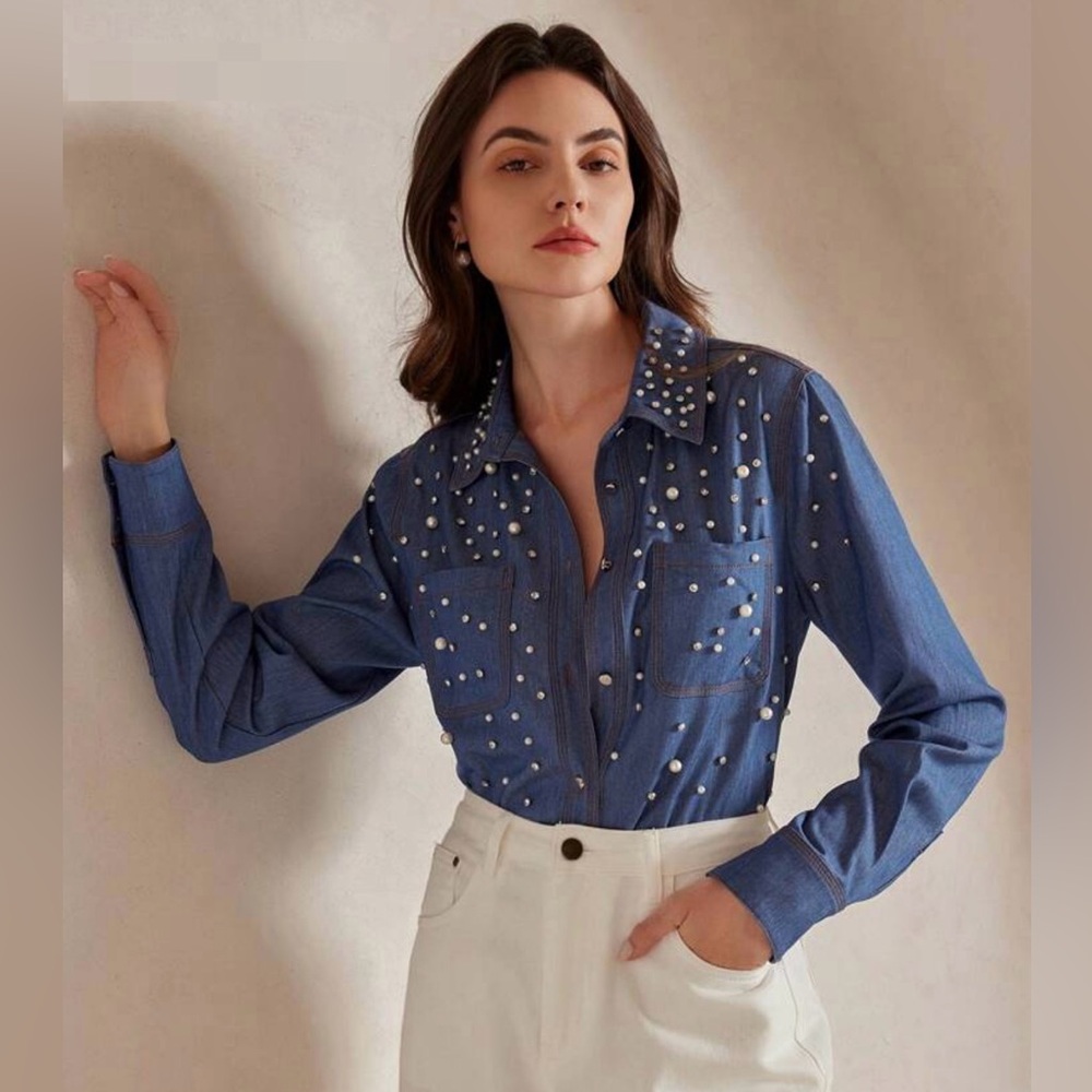 Pearl rhinestone denim shirt chambray beaded western embellished blouse bling S
